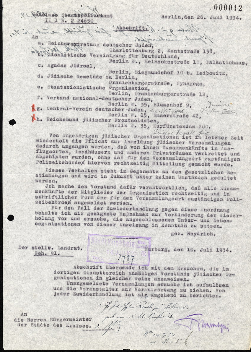 Das Geheime Staatspolizeiamt Berlin an den Centralverein deutscher Juden, die jüdische Gemeinde Berlin, Verband national-deutscher Juden, R-B. Deutscher Juden, Zionistische Vereinigungen u.a., btr. Versammlungen derselben, 26. Juni 1934