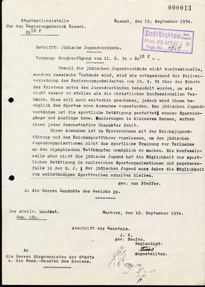 Die Staatspolizeistelle für den Bezirk Kassel an die Landräte des Bezirks u. die Bürgermeister sowie Gend. Beamten, btr. Jüdische Jugendverbände, 15. September 1934