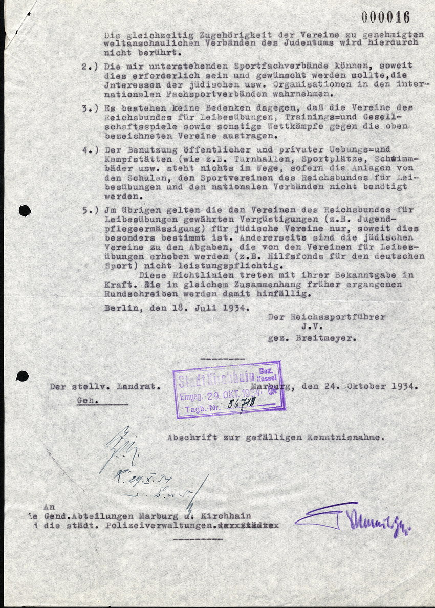 Die Staatspolizeistelle für den Bezirk Kassel schreibt an den Landrat in Ziegenhain, sowie die Landräte des Bezirks, betreffend den Reichsbund jüdischer Frontsoldaten, 17 Oktober 1934