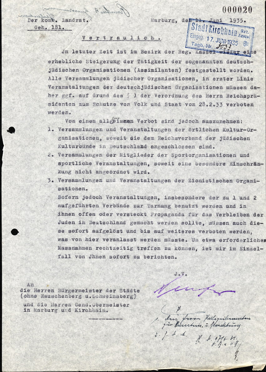 Der komm. Landrat an die Bürgermeister der Städte (ohne Rauschenberg u. Schweinsberg) und die Gend. Obermeister in Marburg u. Kirchhain, betreffend der Tätigkeit von deutsch-jüdischen Organisationen "Assimilanten", 11 Juni 1935
