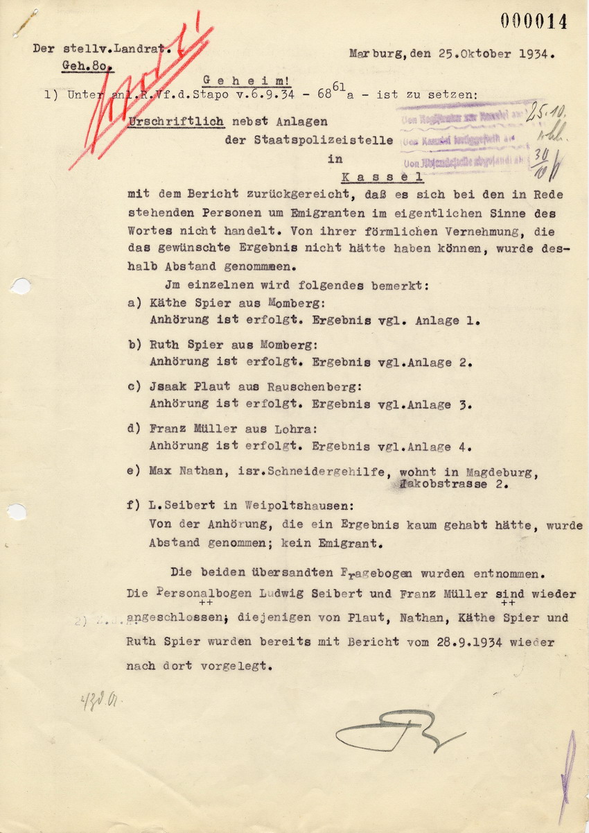 Geheimes Schreiben des stellv. Landrat in Marburg an die Staatspolizeistelle in Kassel betreffend Feststellung von "Emigranten" , 25. Oktober 1934.