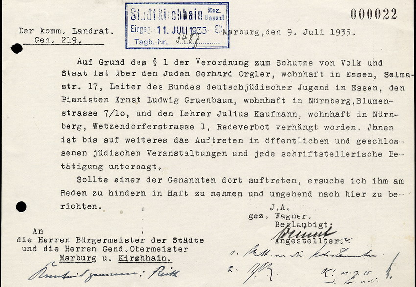 Der komm. Landrat an die Bürgermeister der Städte und die Gend. Obermeister in Marburg u. Kirchhain, betreffend der Verhängung des Redeverbots gegen Juden, 9. Juli 1935
