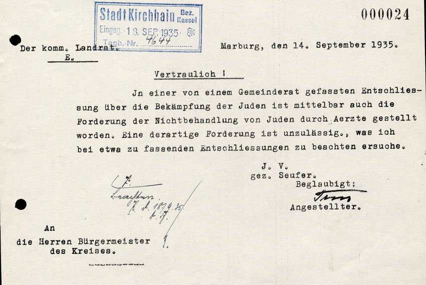 Der komm. Landrat an die Bürgermeister des Kreises, betreffend die Forderung nach Nichtbehandlung von Juden durch Ärzte, 14. September 1935