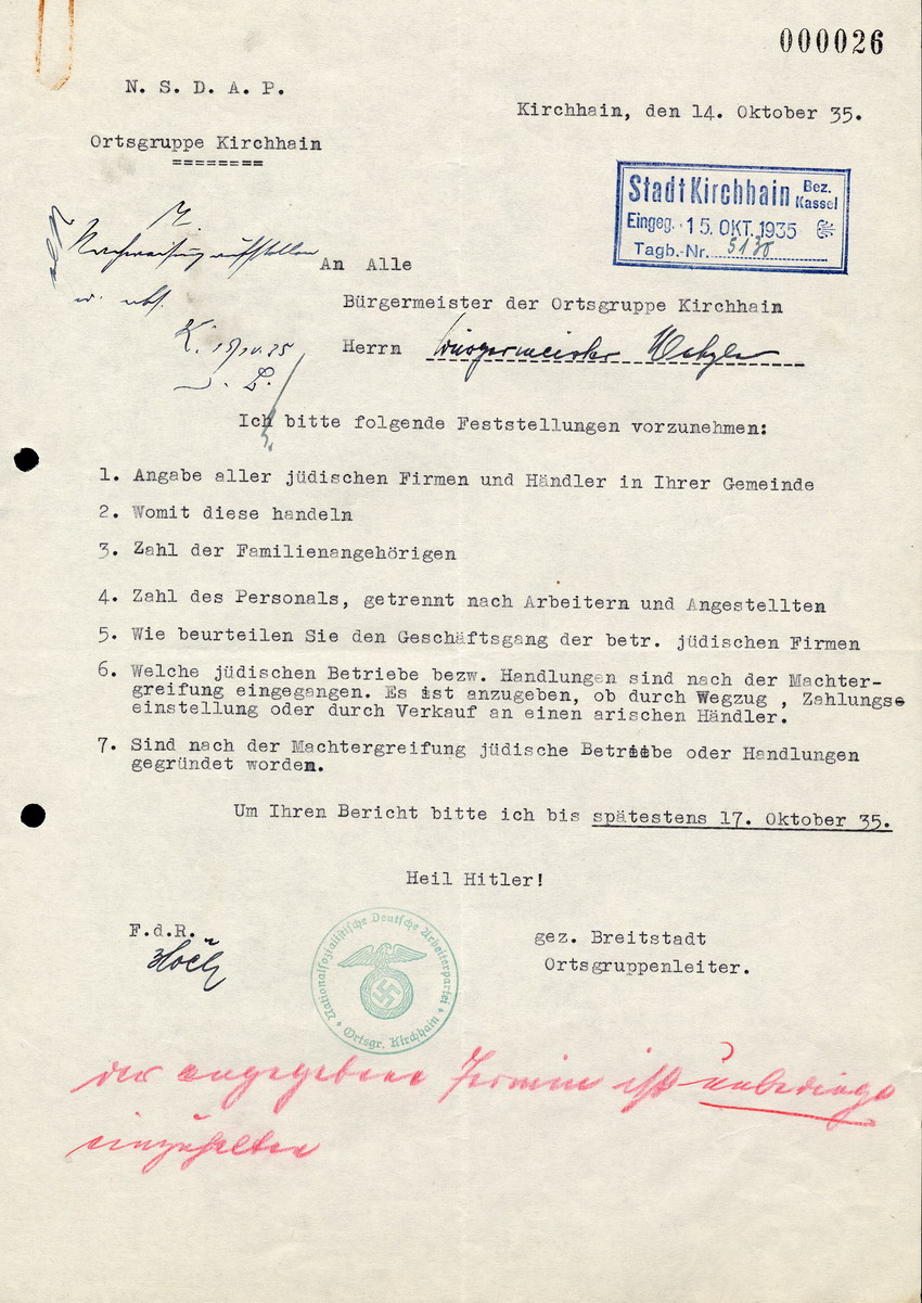 NSDAP Ortsgruppe Kirchhain an alle Bürgermeister der Ortsgruppe Kirchhain, betreffend jüdische Firmen im Bezirk, 14. Oktober 1935