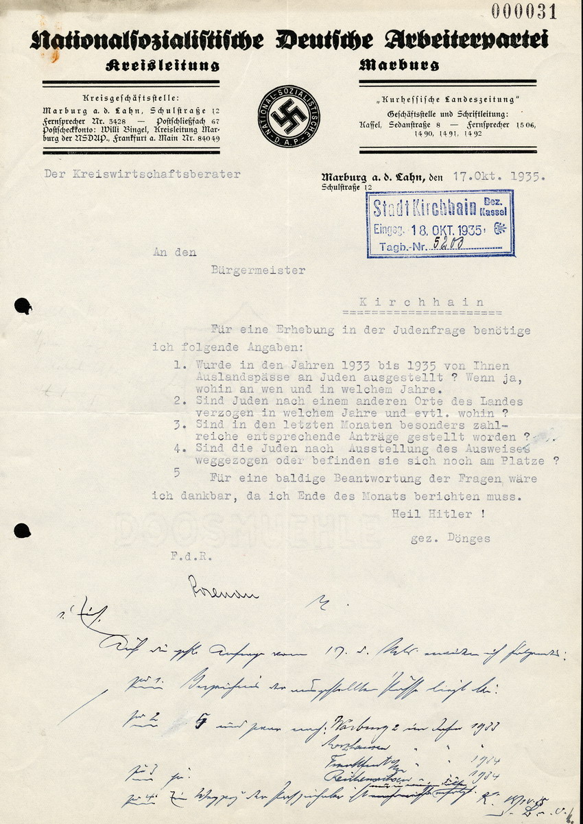 Der Kreiswirtschaftsberater schreibt an den Bürgermeister in Kirchhain, betreffend eine Erhebung in der "Judenfrage", 17. Oktober 1935