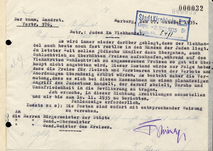 Der komm. Landrat an die Bürgermeister der Städte, Gend. Obermeister und Gend. Meister des Kreises, betreffend "Juden im Viehhandel", 27. Oktober 1935