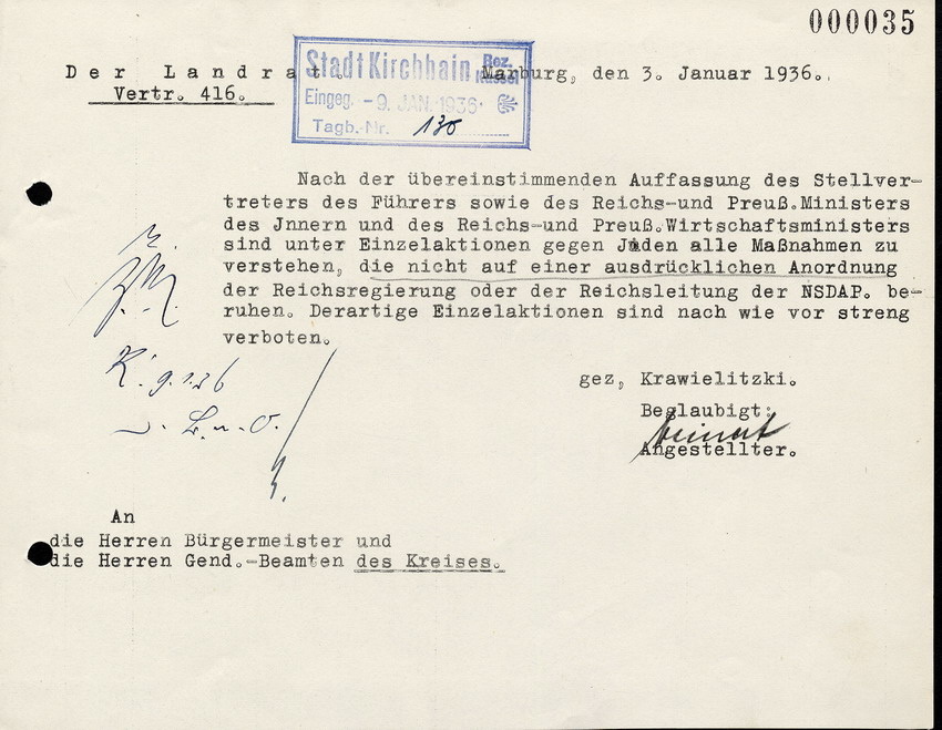 Der Landrat Hans Krawielitzki an die Bürgermeister u. Gend. Beamten des Kreises, betreffend "Einzelaktionen gegen Juden", 3. Januar 1936