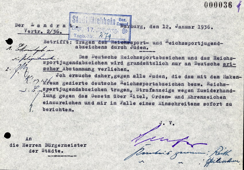 Der Landrat Hans Krawielitzki an die Bürgermeister der Städte, betreffend das tragen des Reichssport- und Reichssportjugendabzeichens durch Juden, 12. Januar 1936