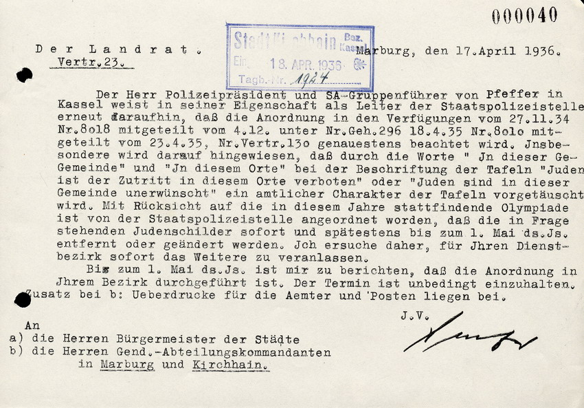Der Landrat an die Bürgermeister der Städte und die Gend.-Abteilungskommandaten in Marburg und Kirchhain, betreffend "Juden -Verbotsschilder", 17. April 1936