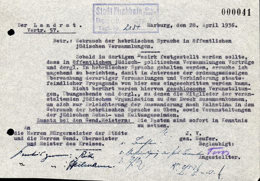 Der komm. Landrat an die Bürgermeister der Städte, Gend. Obermeister und Gend. Meister des Kreises, betreffend den Gebrauch der hebräischen Sprache in öffentlichen jüdischen Versammlungen, 28. April 1936