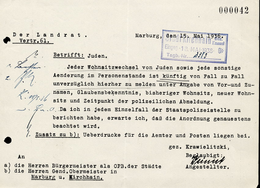 Der Landrat an die Bürgermeister der Städte und die Gend.-Abteilungskommandaten in Marburg und Kirchhain, betreffend den Wohnsitzwechsel von Juden, 15. Mai 1936