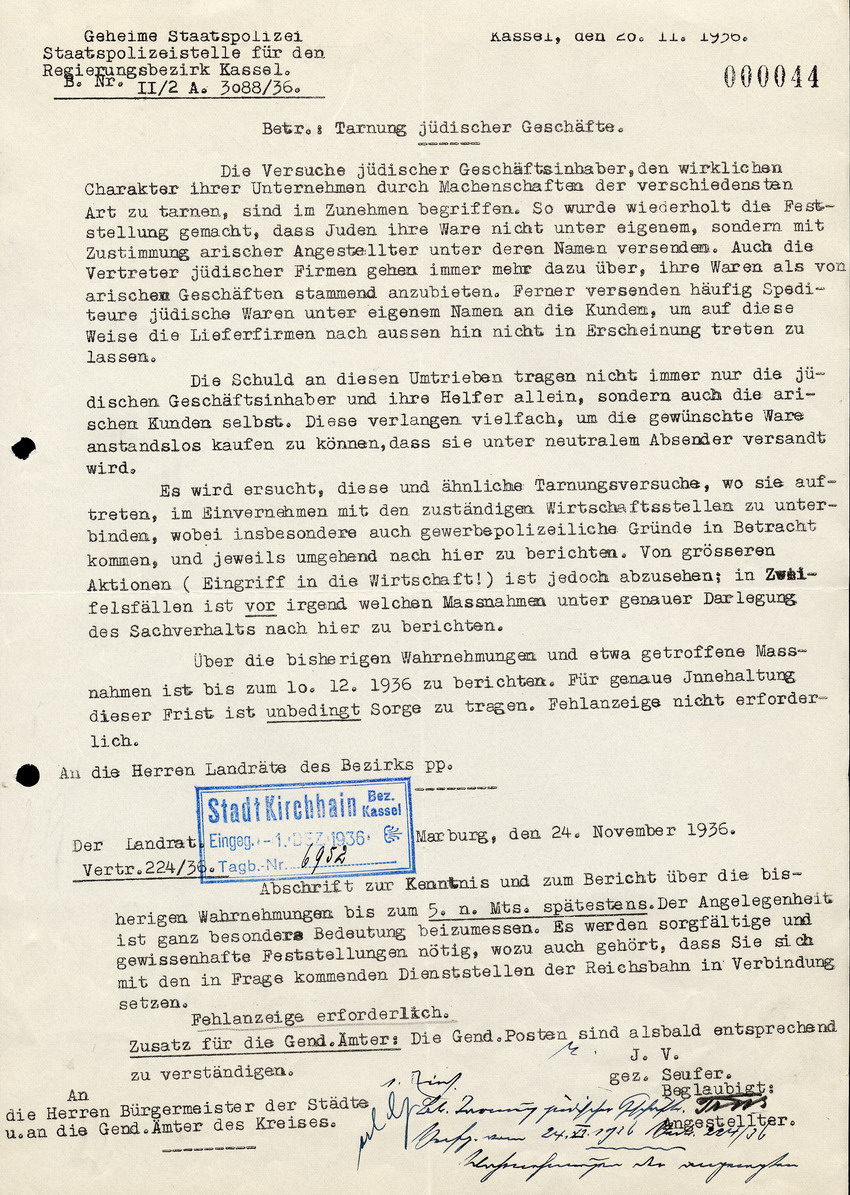 Die Geheime Staatspolizei für den Bezirk Kassel an die Landräte / Der Landrat in Marburg an die Bürgermeister in Gend. Ämter des Kreises, btr. "Tarnung jüdischer Geschäfte", 20. November 1938