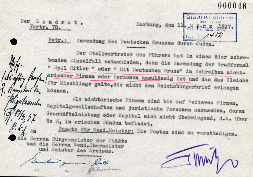 Der Landrat  in Marburg an die Bürgermeister, die Gend. Obermeister und Meister des Kreises, betr. Die Anwendung des Deutschen Grußes durch Juden, 11 März 1937
