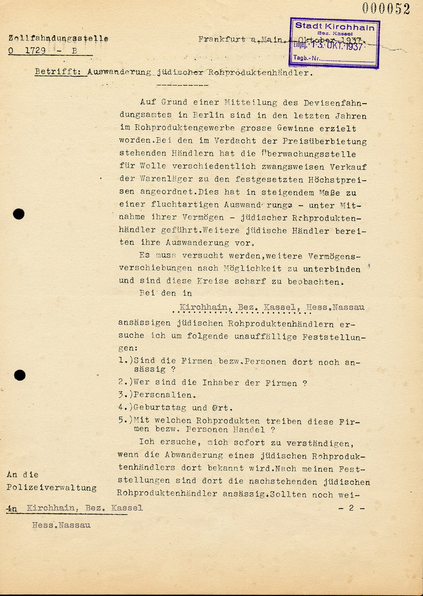 Zollfahndungsstelle Frankfurt an die Polizeiverwaltung in Kirchhain, Bez. Kassel, btr. Die Auswanderung jüdischer Rohprodukthändler, 4. Oktober 1937