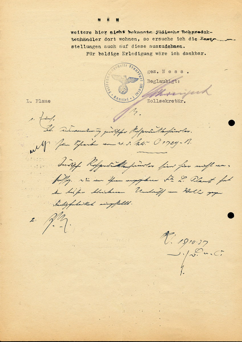 Zollfahndungsstelle Frankfurt an die Polizeiverwaltung in Kirchhain, Bez. Kassel, btr. Die Auswanderung jüdischer Rohprodukthändler, 4. Oktober 1937