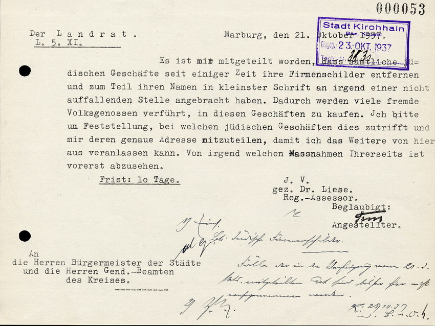 Der Landrat in Marburg an die Bürgermeister der Städte und die Gend.-Beamten des Kreises, btr. Firmenschilder von jüdischen Geschäften, 21. Oktober 1937