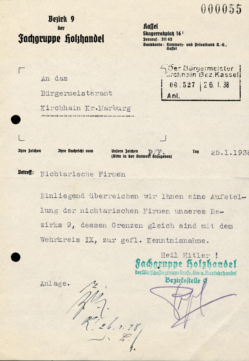 Die Fachgruppe Holzhandel an das Bürgermeisteramt Kirchhain, betreffend einer Aufstellung der nichtarischen Firmen ihres Bereichs, 25. Januar 1938