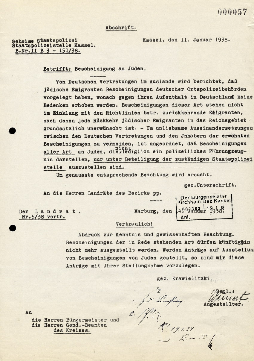 Die Gestapo Kassel an die Bürgermeister und Gend. Beamten des Kreises, btr. Der Ausstellung von Bescheinigungen an Juden, 11. Januar 1938