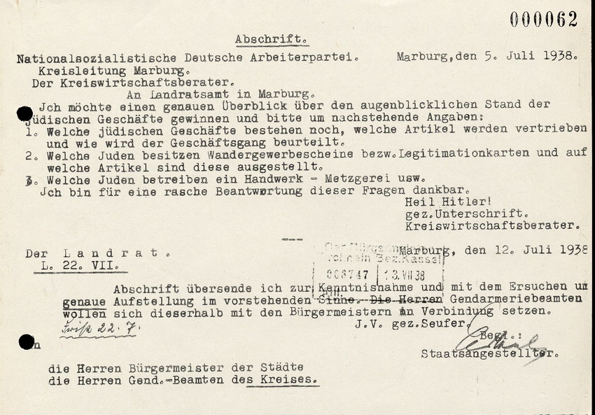 Die NSDAP an die Bürgermeister u. Gend. Beamten des Kreises und das Landratsamt in Marburg, btr. Überblick über die jüdischen Geschäfte des Bezirks, 5. Juli 1938