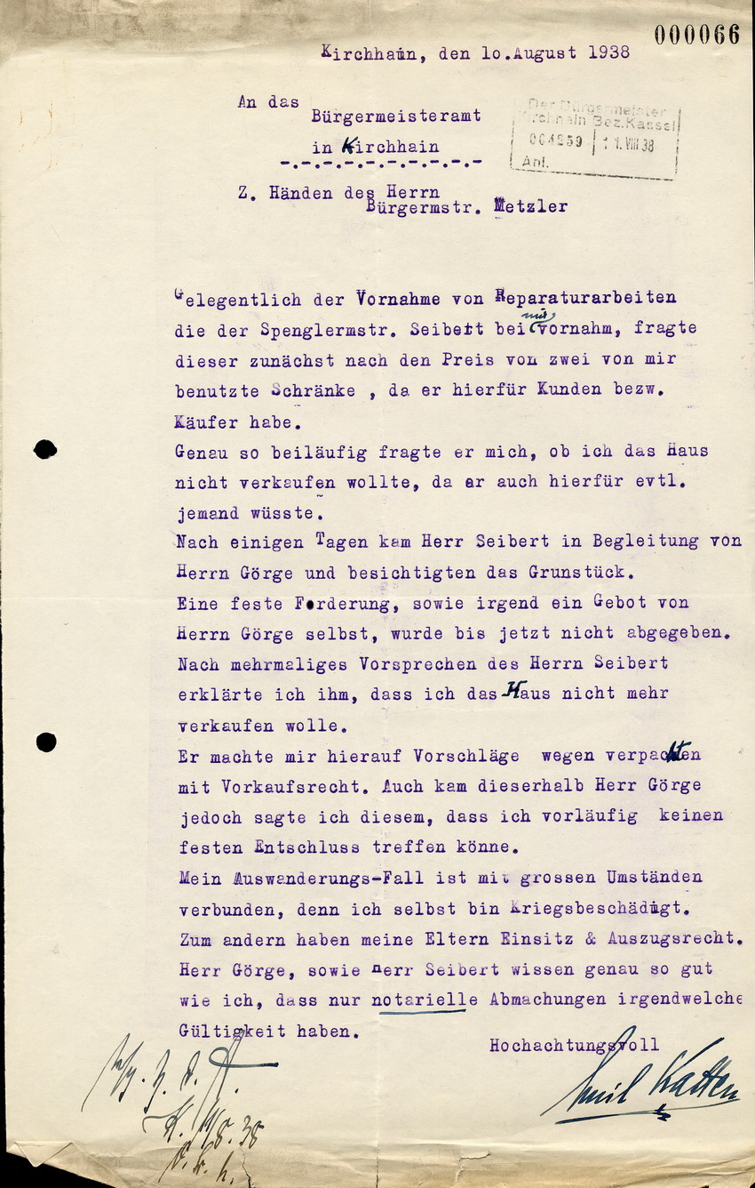 Emil Katten an das Bürgermeisteramt in Kirchhain, zu Händen von Bürgermeister Metzler, betreffend den Verkauf seines Hauses, 10 August 1938