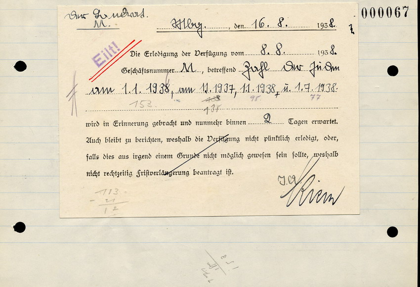 Der Bürgermeister in Kirchhain an den Landrat in Marburg, betreffend der Verfügung vom 8.8. 1938 (Zahl der Juden), 16. August 1938