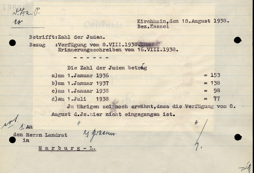 Der Bürgermeister in Kirchhain an den Landrat in Marburg, betreffend der Verfügung vom 8.8. 1938 (Zahl der Juden), 16. August 1938