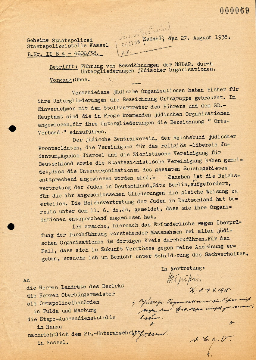 Die Gestapo Kassel an die Landräte, Bürgermeister und Gend. Beamten des Kreises, sowie die Stapo Hanau, btr. Bezeichnung "Ortsgruppe" bei jüdischen Organisationen, 27. August 1938