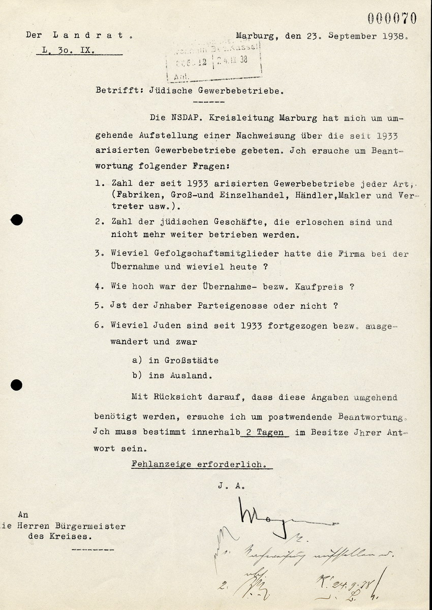 Der Landrat in Marburg an die Bürgermeister des Kreises, btr. Jüdische Gewerbeberiebe, 23. September 1938