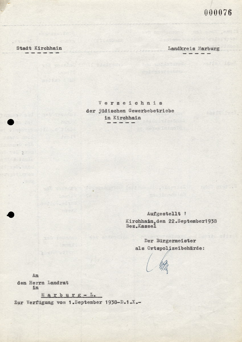 Stadt Kirchhain and den Landrat in Marburg, btr. Verzeichnis der jüdischen Gewebebetriebe in Kirchhain, 22. September 1938
