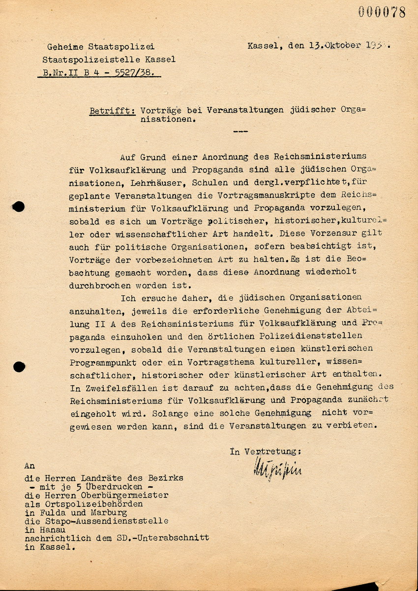 Geheime Staatspolizei Kassel an die Landräte, Oberbürgermeister sowie die Stapo-Aussenstelle Hanau u. Kassel, btr. Vorträge bei Veranstaltungen jüdischer Organisationen, 13. Oktober 1938