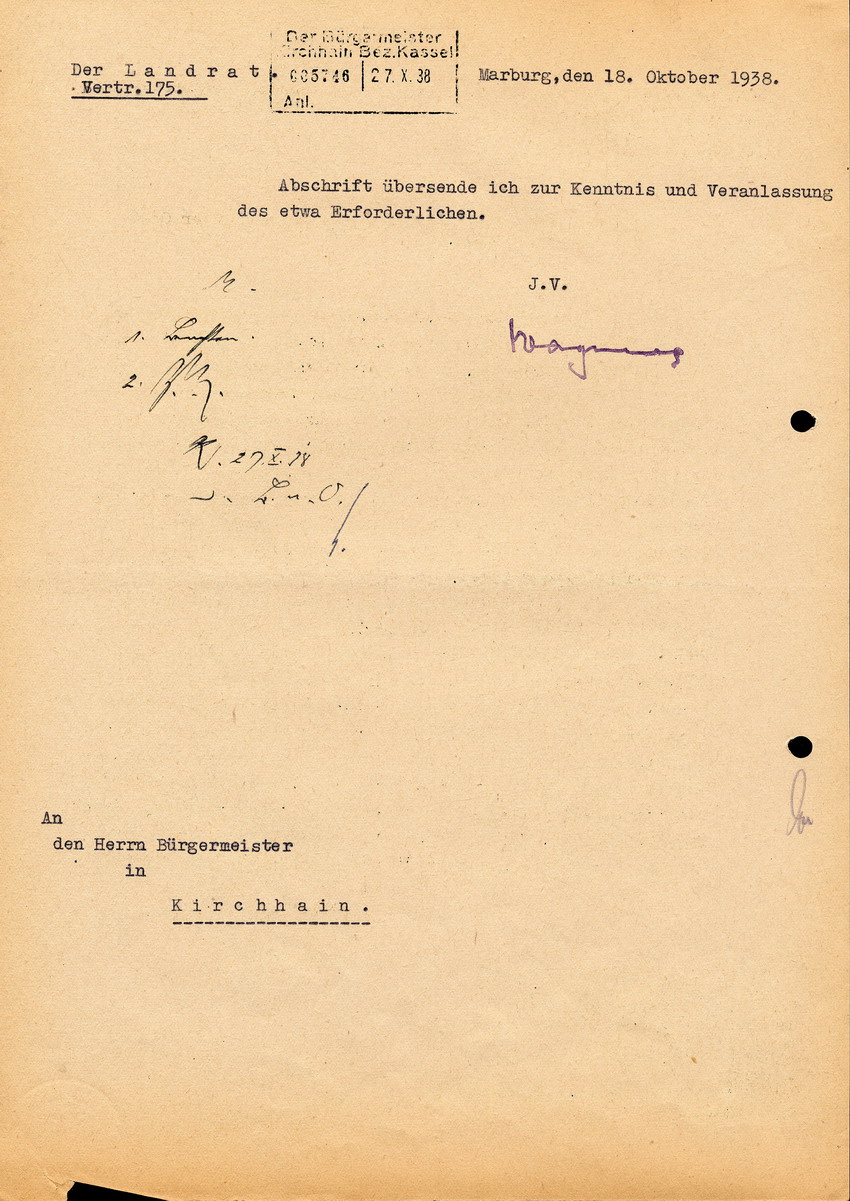 Geheime Staatspolizei Kassel an die Landräte, Oberbürgermeister sowie die Stapo-Aussenstelle Hanau u. Kassel, btr. Vorträge bei Veranstaltungen jüdischer Organisationen, 13. Oktober 1938