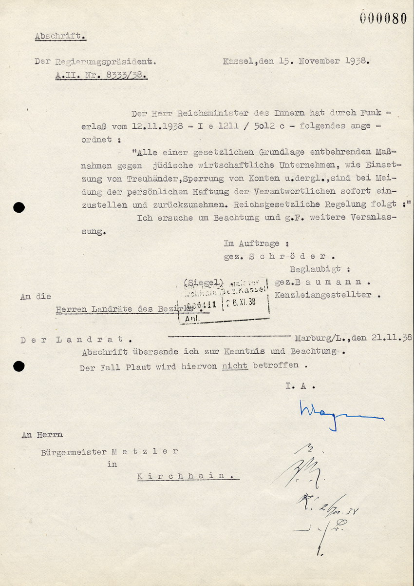 Der Regierungsprädsident in Kassel and die Landräte des Bezirks u. die Bürgermeister des Kreises, btr. Maßnahmen gegen jüdische Unternehmen, 15. November 1938