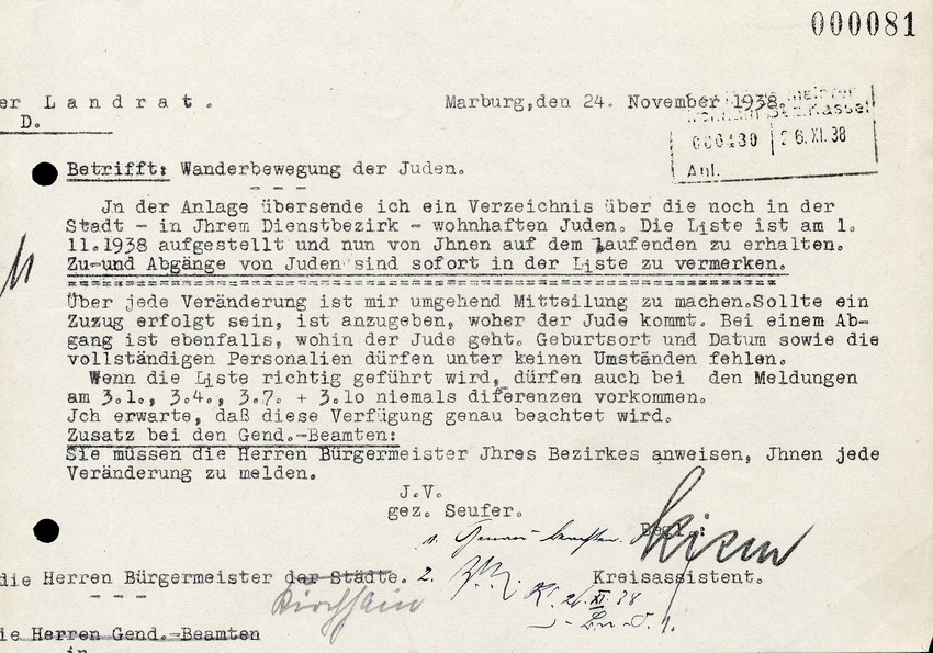 Der Landrat in Marburg and den Bürgermeister in Kirchhain, btr. Wanderbewegung von Juden, 24. November 1938