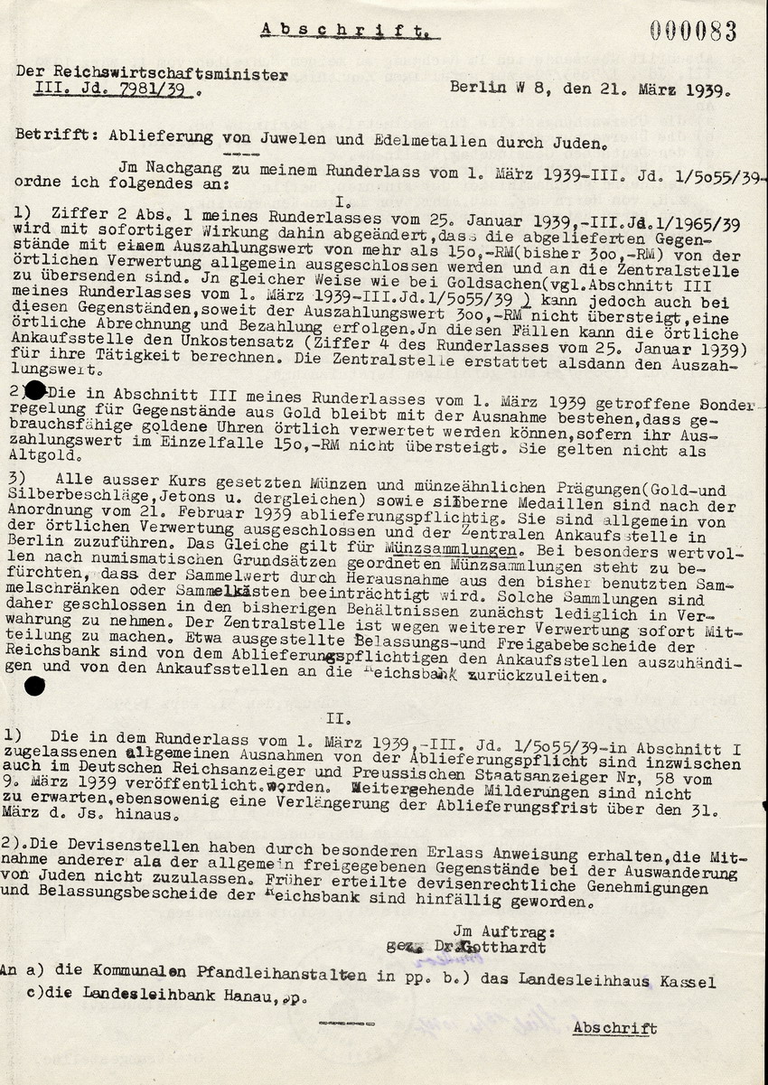 Der Reichswirtschaftsminister in Berlin an die Kommunalen Pfandleihhausanstalten, das Landesleihhaus Kassel, und das Regierunspräsidium, btr. Ablieferung von Juwelen u. Edelsteinen durch Juden, 21. März 1939