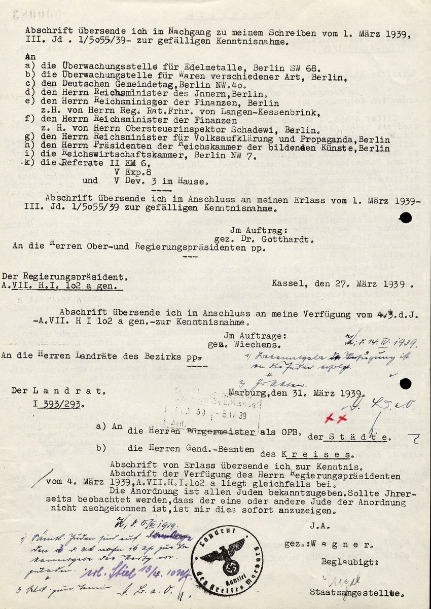 Der Reichswirtschaftsminister in Berlin an die Kommunalen Pfandleihhausanstalten, das Landesleihhaus Kassel, und das Regierunspräsidium, btr. Ablieferung von Juwelen u. Edelsteinen durch Juden, 21. März 1939