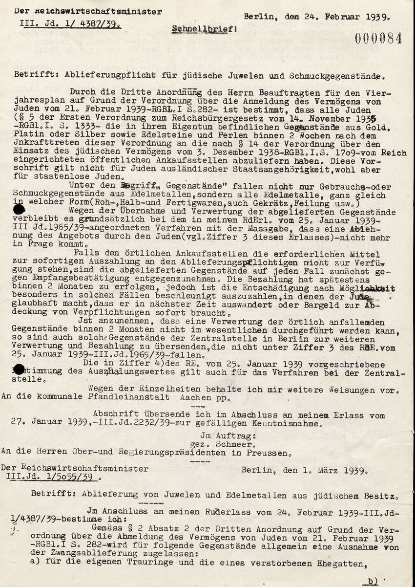 Der Reichswirtschaftsminister in Berlin an die Kommunalen Pfandleihhausanstalten, das Landesleihhaus Kassel, und das Regierunspräsidium, btr. Ablieferung von Juwelen u. Edelsteinen durch Juden, 21. März 1939