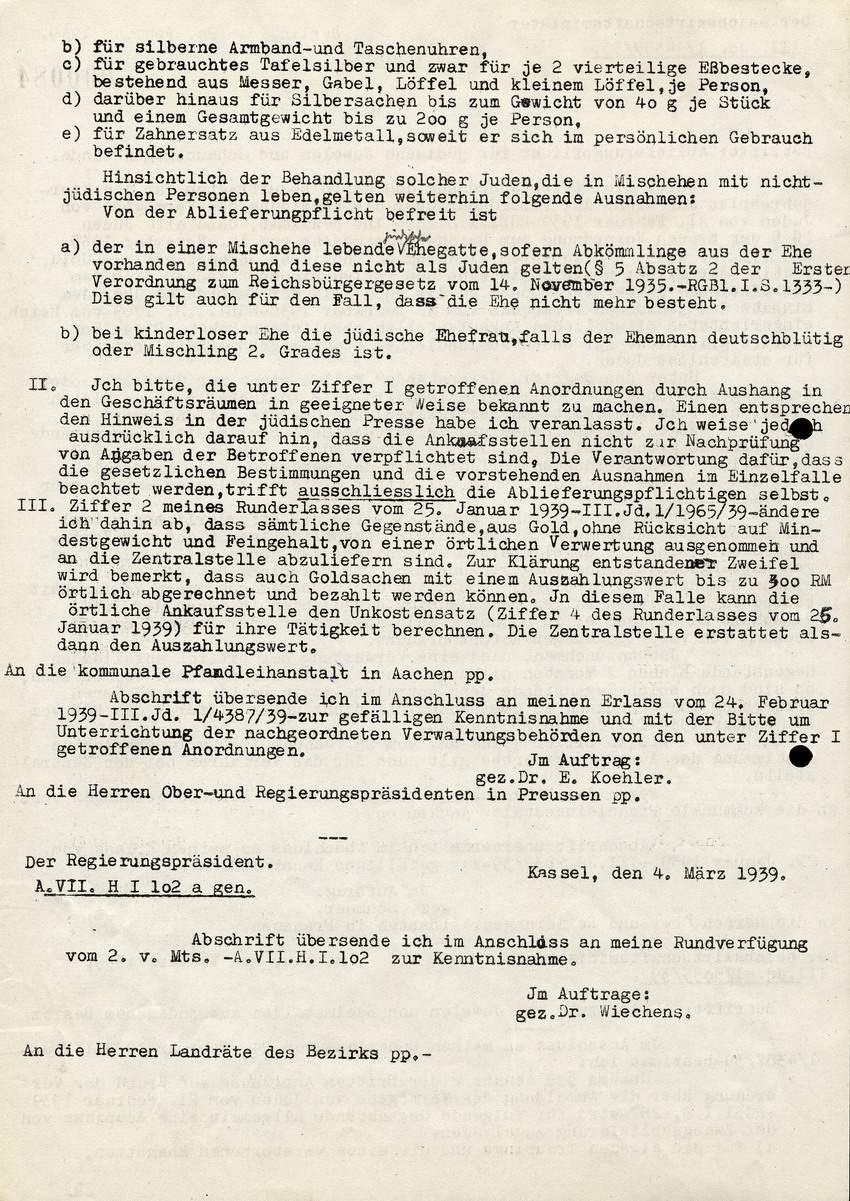 Der Reichswirtschaftsminister in Berlin an die Kommunalen Pfandleihhausanstalten, das Landesleihhaus Kassel, und das Regierunspräsidium, btr. Ablieferung von Juwelen u. Edelsteinen durch Juden, 21. März 1939