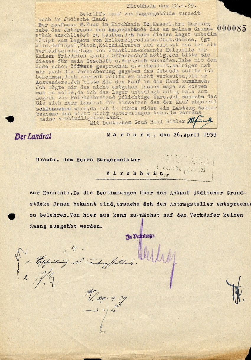 Der Landrat an den Bürgermeister in Kirchhain, betreffend den Kauf von Lagergebäuden "aus jüdischer Hand", 22. April 1939