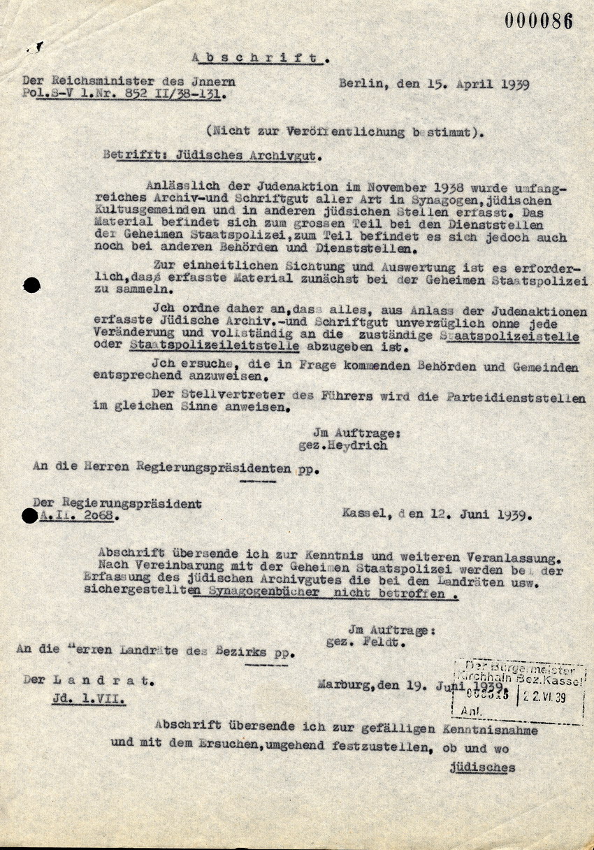 Der Reichsminister des Inneren an die Regierungspräsidenten, Landräte und Bürgermeister, sowie die Polizeipräsidenten, btr. Die Auswanderer Abgabe bei Juden, 15. Juni 1939