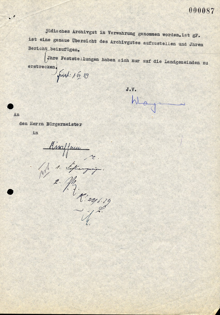 Der Reichsminister des Inneren an die Regierungspräsidenten, Landräte und Bürgermeister, btr. Jüdisches Archivgut, 15. April 1939