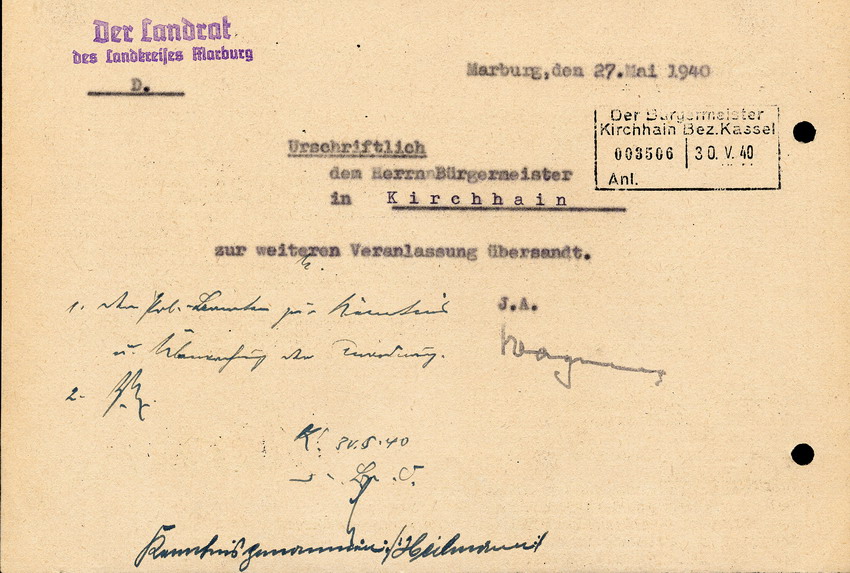 Die Gestapo Kassel an die Landräte und Bürgermeister des Bezirks u. die Stapo in Hanau, btr. Ausgeh Verbot für Juden, 16. Mai 1940