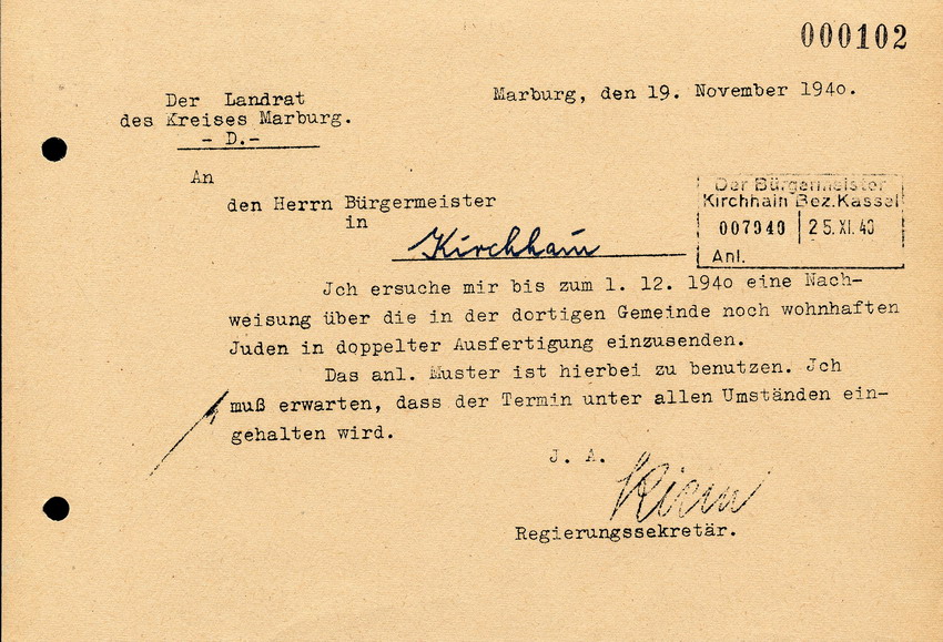 Der Landrat in Marburg an den Bürgermeister in Kirchhain, btr. Einer Nachweisung über die in Kirchhain wohnhaften Juden, 19. November 1940