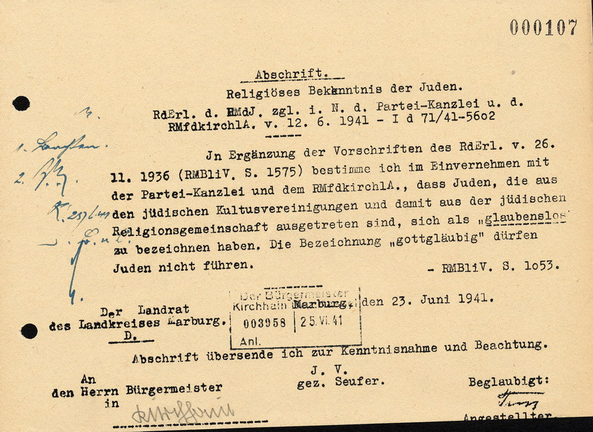 Der Landrat in Marburg an den Bürgermeister in Kirchhain, btr. Das religiöse Bekenntnis der Juden, 23. Juni 1941