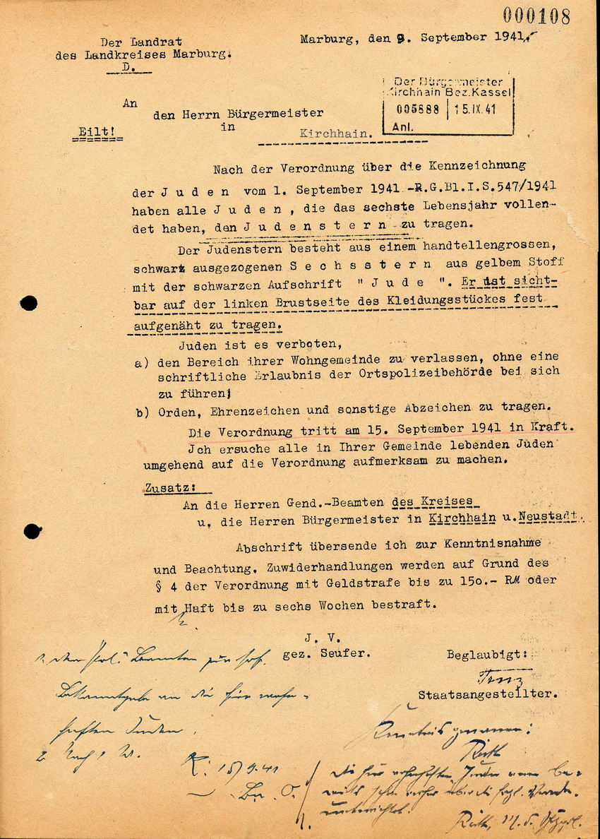 Der Landrat in Marburg an den Bürgermeister in Kirchhain, btr. den "Judenstern", 9. September 1941