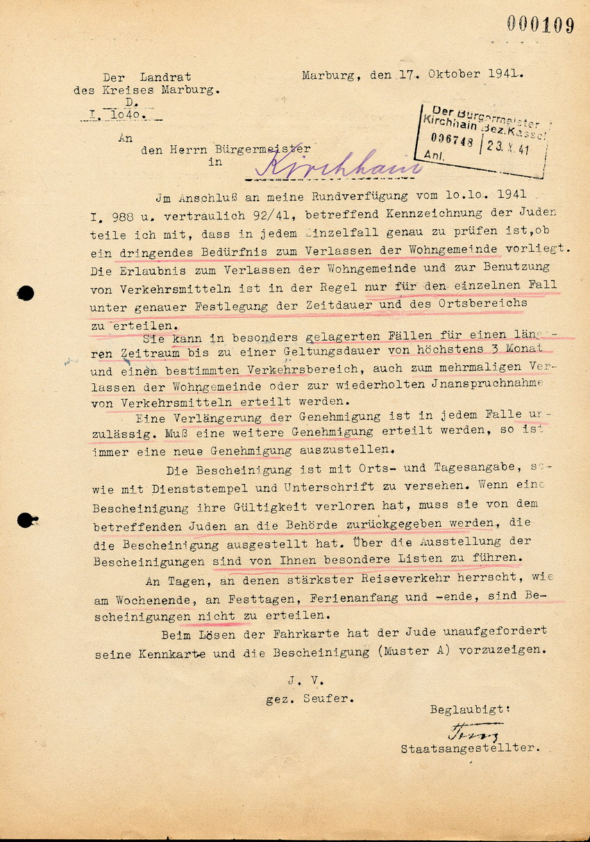 Der Landrat in Marburg an den Bürgermeister in Kirchhain, btr. der "Kennzeichnung der Juden", 17. Oktober 1941