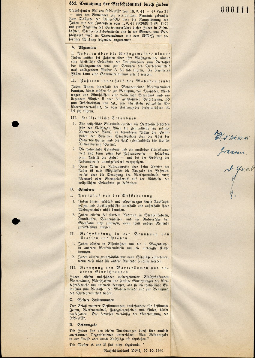 Erlass des Reichsverkehrsministeriums betreffend die Benutzung der Verkehrtsmittel durch Juden, vom 18. September 1941