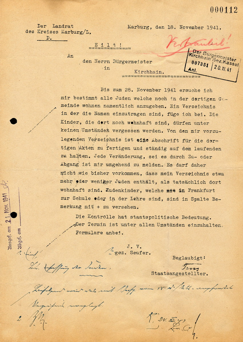 Der Landrat in Marburg an den Bürgermeister in Kirchhain, btr. Neues Verzeichnis der Juden in Kirchhain. 18. November 1941