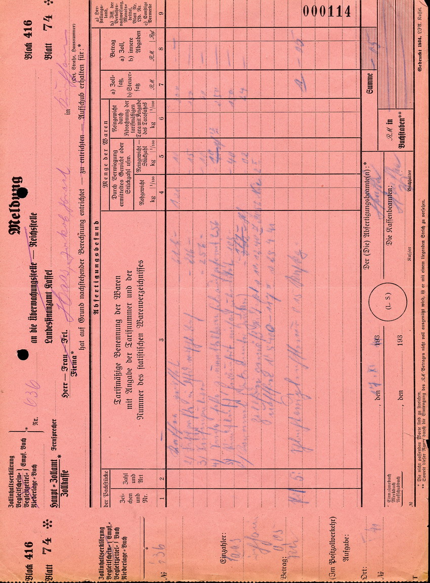 Hauptzollamt Kassel, Zollinhaltserklärung der Familie Haas, 17. November 1941