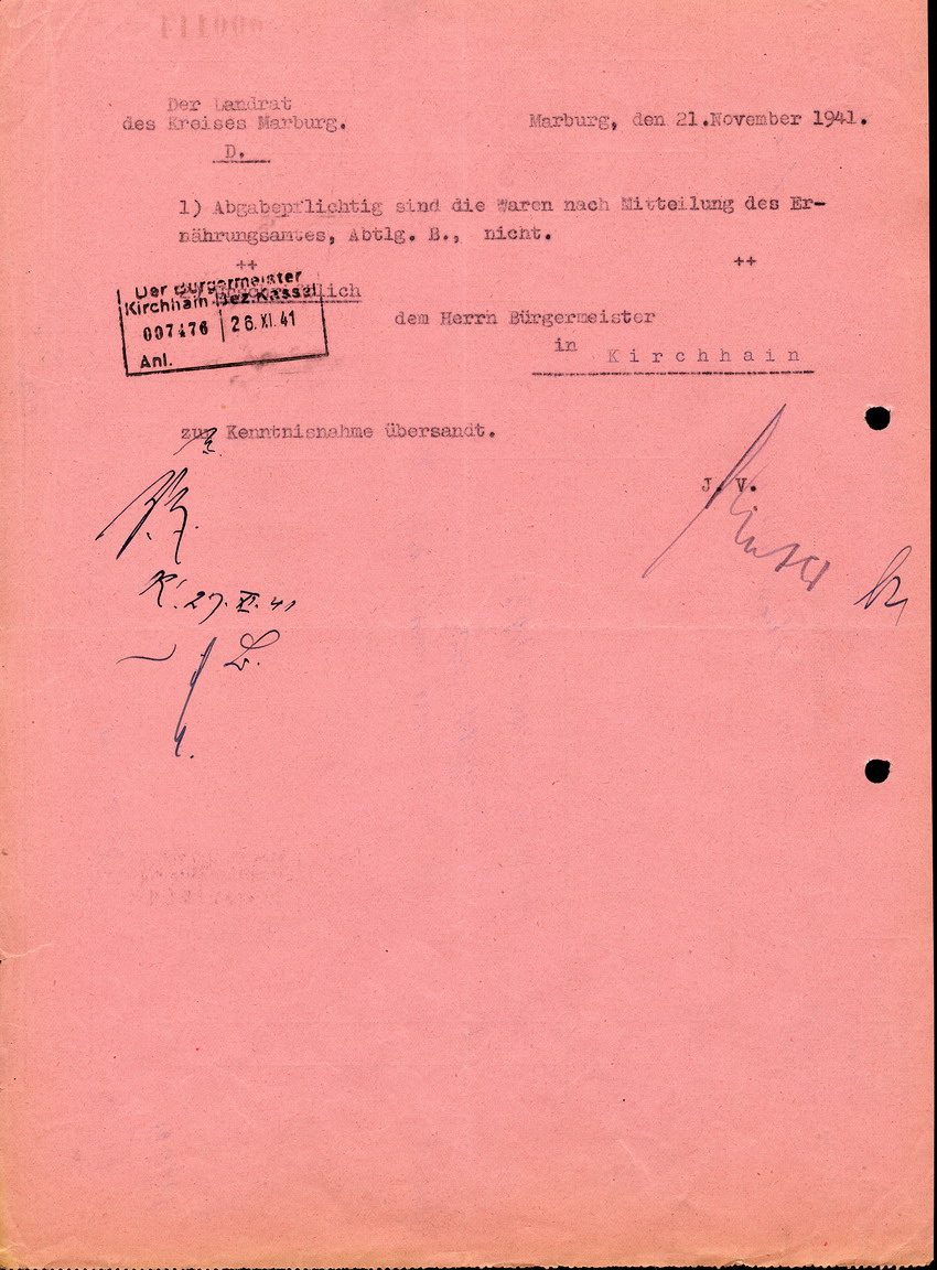 Hauptzollamt Kassel, Zollinhaltserklärung der Familie Haas, 17. November 1941