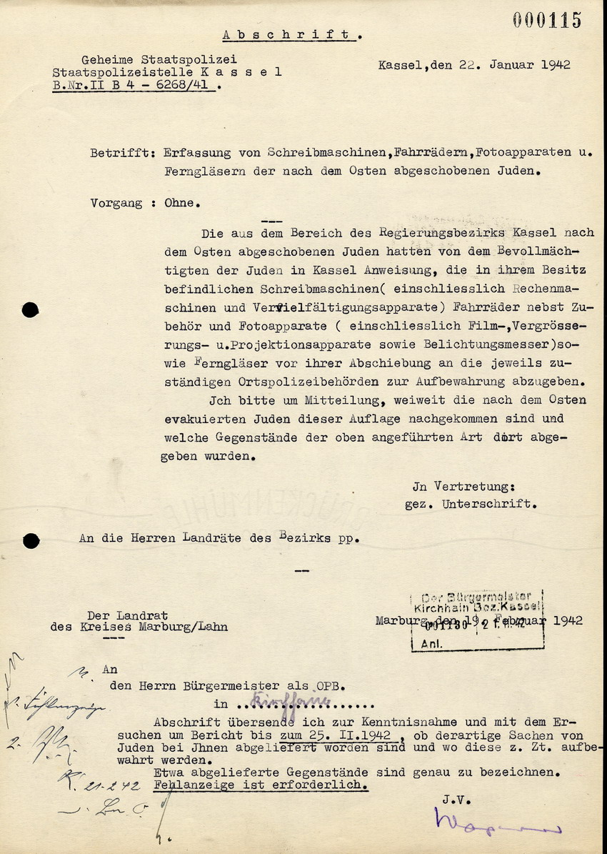 Die Gestapo Kassel an die Landräte des Bezirks, btr. der Erfassung von Schreibmaschinen, Fahrrädern, Fotoapparaten und Ferngläsen der "nach Osten abgeschobenen Juden", 22. Januar 1942